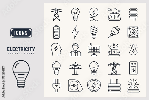 Collection of Electricity Icons for Renewable Energy and Power Generation White Background.