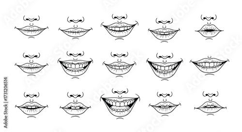 Collection of detailed lip and mouth illustrations showing various expressions and shapes for anatomical study.