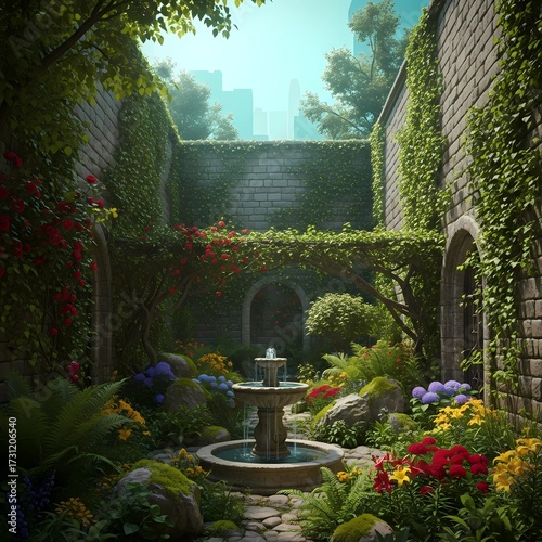 A hidden, lush courtyard garden with moss-covered stone walls and a fountain in the center. Vibrant flowers and ivy thrive, creating an urban oasis with city skyscrapers visible above the walls.