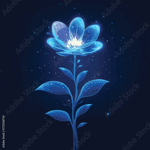 A flower glowing in the sky, illuminating the dark night with its gentle, magical light and creating a dreamy, enchanting atmosphere. , vector style simple color