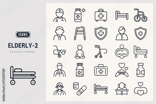 Collection of Medical Icons Representing Elderly Healthcare Services and Support Systems White Background.