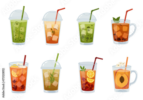 Eight beverages in assorted glasses some with fruit and ice