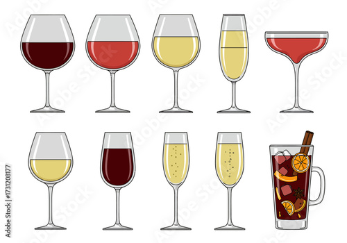 Illustration of assorted wine glasses varying in shape and filled with diverse liquids