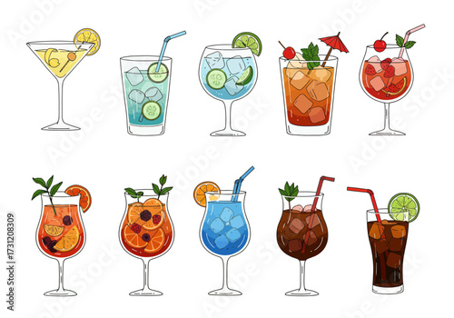 Ten cocktails with varied colors ingredients and glasses are presented on a white background