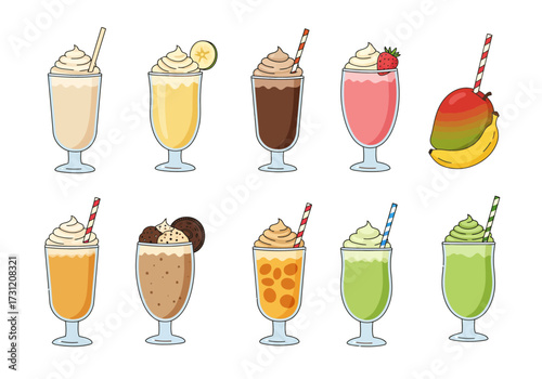 Ten drinks smoothies  milkshake varieties with fruit  straws