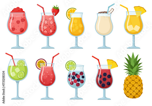 Ten vibrant fruit cocktails and a pineapple in a row each with colorful decorations and straws