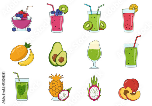 Twelve fruits and smoothies arranged in a neat grid showing a colorful  healthy fruitfilled display