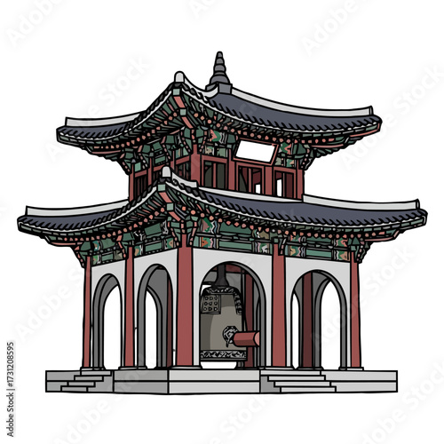 Traditional korean pavilion with large bell inside, featuring ornate architecture, multiple roofs, and arches, , representing historical landmarks and cultural sites