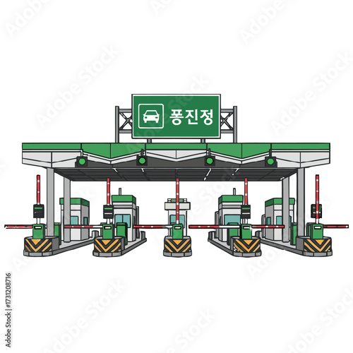 Modern cartoon toll booth plaza with multiple lanes, featuring green booths, red and green traffic lights, barriers, and signage, designed for efficient vehicle passage on highway