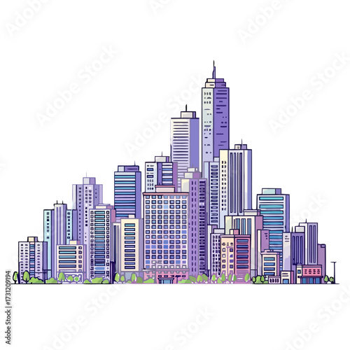 Vibrant cityscape featuring dense collection modern skyscrapers in various shades purple and blue, set against clean transparent