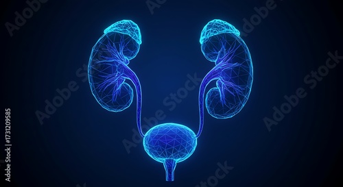 Fototapeta Naklejka Na Ścianę i Meble -  Medical illustration of human urinary system anatomy against dark background