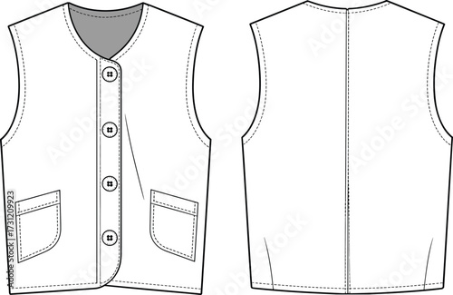 Men sleeveless round neck button front vest cad drawing flat vector illustration with fashion design template sewing pattern front back