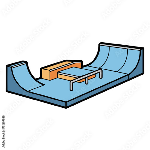 Cartoonstyle skatepark obstacle, featuring ramps, quarter pipe, and central box with rail, designed for skateboarding and extreme sports, isolated on transparent