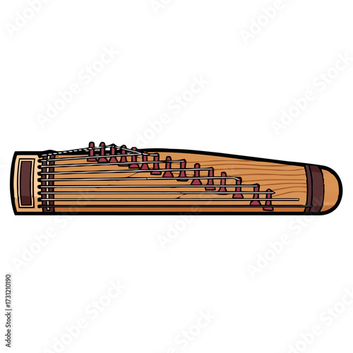 Traditional korean gayageum, plucked string instrument with numerous strings and bridges, laid horizontally, isolated on transparent, showcasing korean music and culture