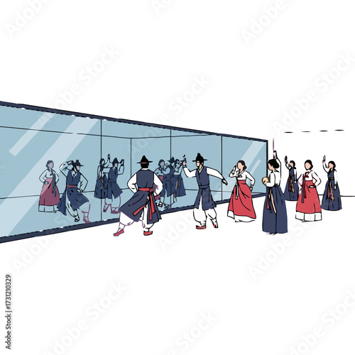 Group people in traditional korean hanbok clothing practice dance routine in front large mirror, with their reflections visible