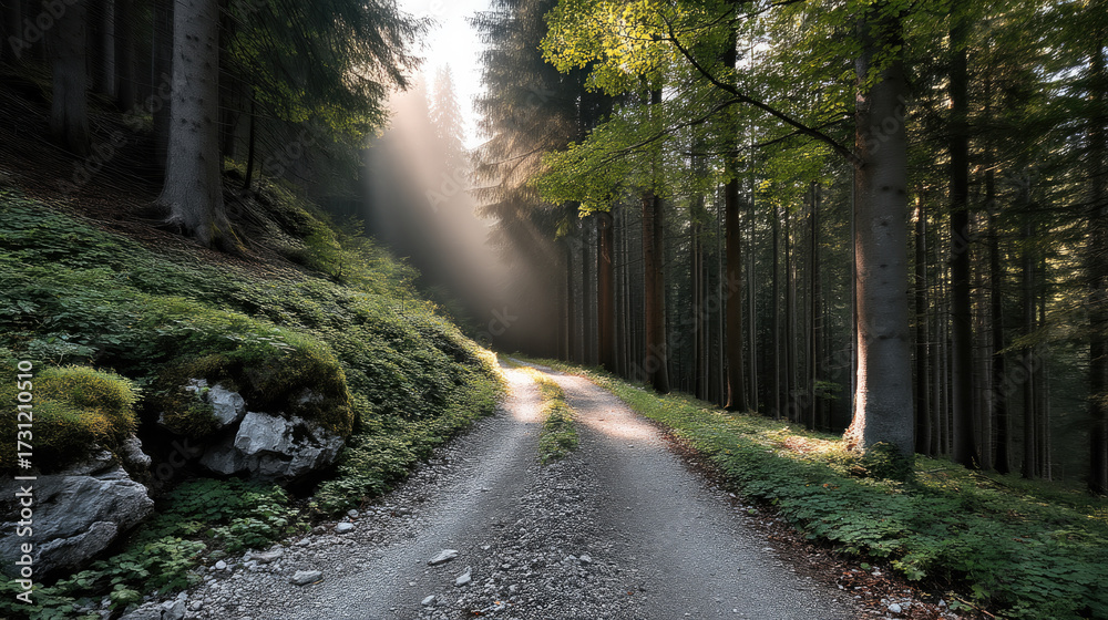 Fototapeta premium Narrow forest road sunlight green foliage tall tree peaceful nature summer outdoor tranquil scenic landscape