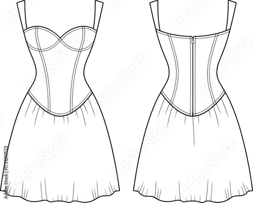 Women corset style sleeveless dress fashion cad drawing flat vector illustration with front and back technical clothing design sewing template