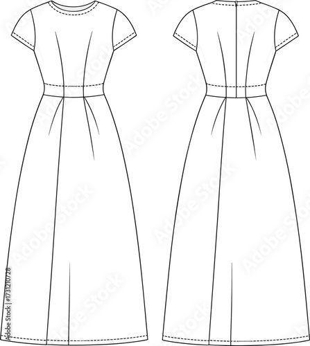 Women long dress short sleeve fashion cad drawing flat vector illustration with front and back technical clothing design sewing pattern template
