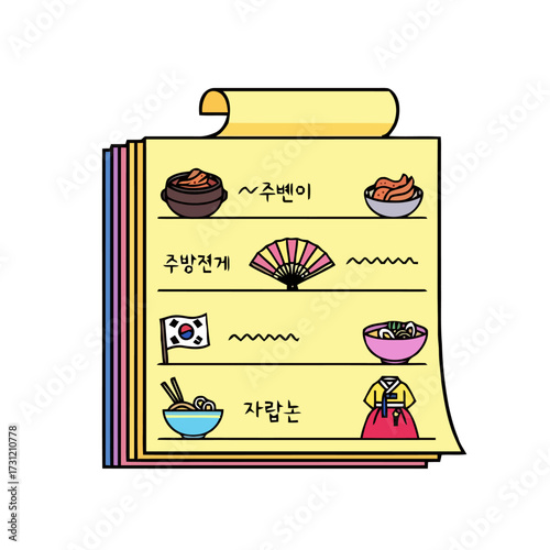 Colorful cartoon korean menu with various food items and cultural symbols, presented on stack yellow papers