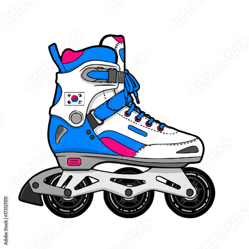 And blue inline skate with pink accents and korean flag emblem, isolated on transparent