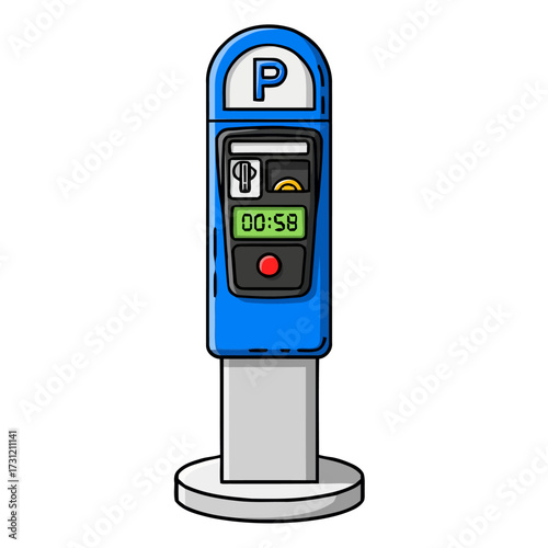 Blue parking meter with digital display showing time and red button, isolated on transparent