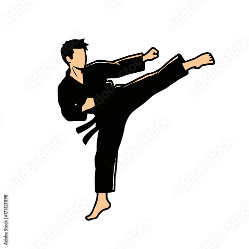 Dynamic person in black martial arts uniform performing high kick