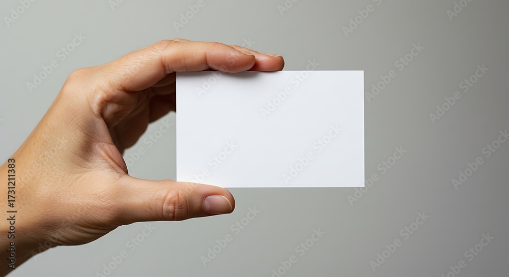 Obraz premium Hand holding blank business card against neutral background for mockup