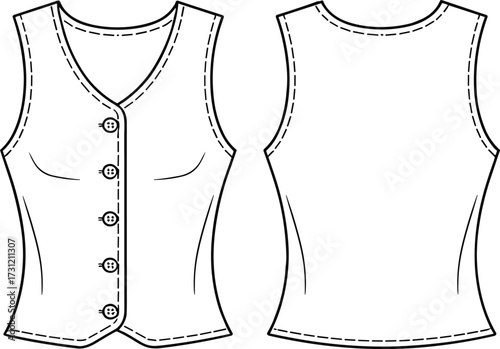Women sleeveless button front vest cad drawing flat vector illustration with fashion design template technical sewing pattern front and back