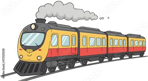 Cartoon Train Moving on Tracks with Smoke Illustration