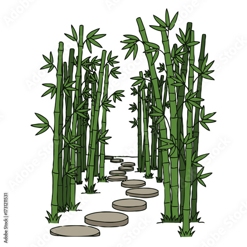 Winding path stepping stones leads through dense grove tall, green bamboo stalks, creating serene and natural walkway in tranquil garden setting