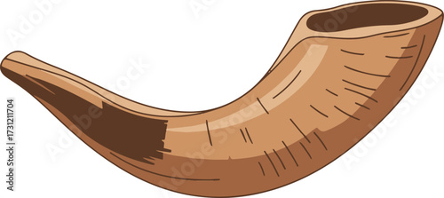 A traditional, curved Shofar (ram's horn) rendered in a cartoon style with brown tones, subtle shading, and black outlines to simulate the natural texture and shape of the animal horn. 