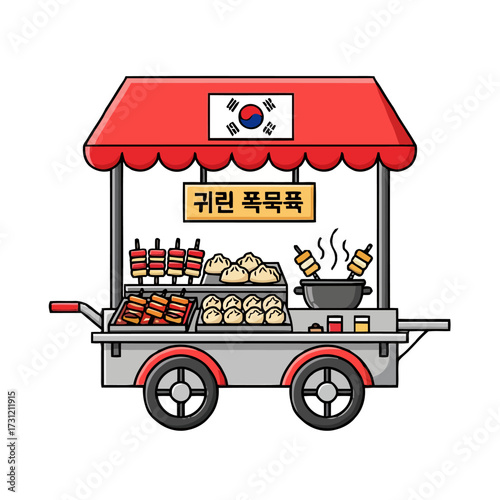 Colorful korean street food cart selling various snacks like skewers, dumplings, and soup, with the korean flag displayed, isolated on transparent