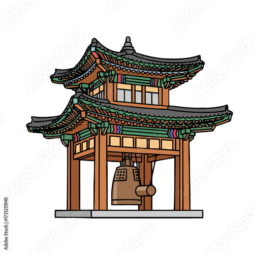 Traditional korean pavilion with large bell hanging inside, featuring ornate multitiered roofs and intricate architectural details, isolated on transparent