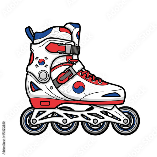 Detailed and red inline skate with the south korean flag symbol, perfect for representing sports, speed, and korean heritage
