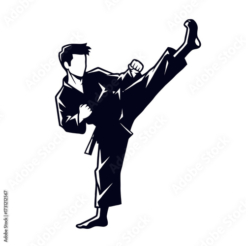 Dynamic black and silhouette martial artist performing high kick, embodying discipline, strength, and the taekwondo