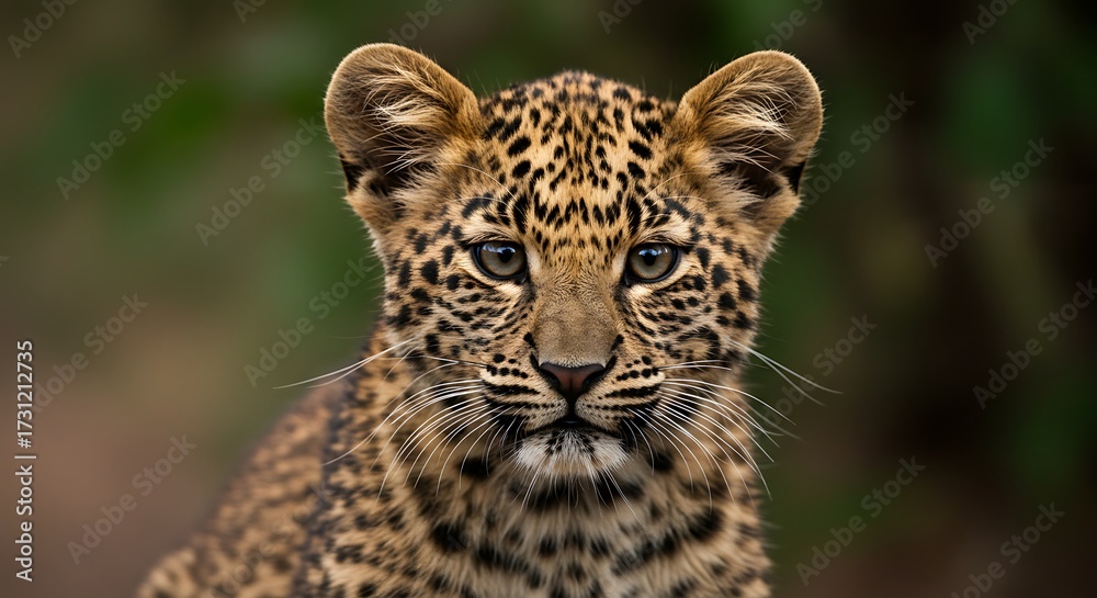 Obraz premium Close up portrait of a young leopard with distinctive spots and eyes