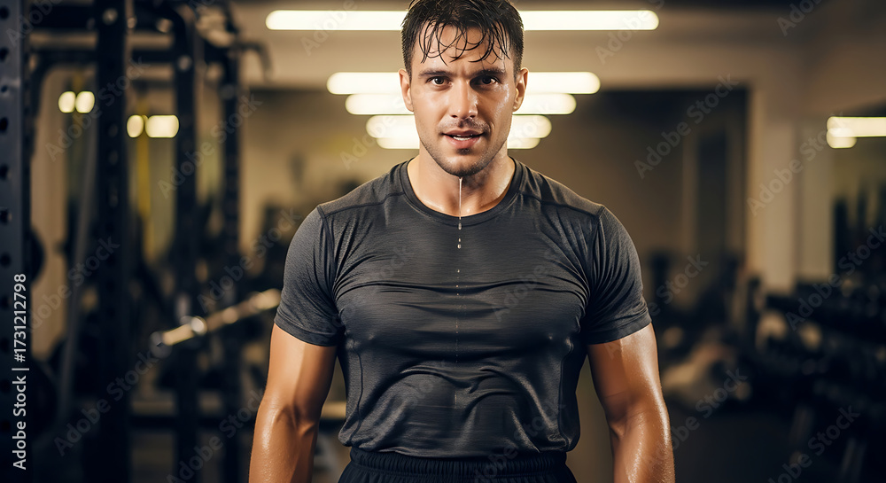 Fototapeta premium Sweaty Muscular Man Athlete Working Out Intense Exercise Fitness Gym Workout