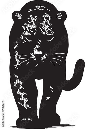 A stylized black silhouette of a powerful panther with a long tail standing with its back to the viewer on a white background
