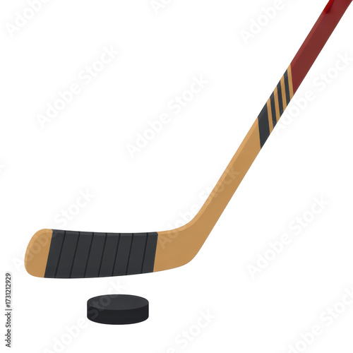 Wooden hockey stick with black tape and puck isolated on a transparent background sport
