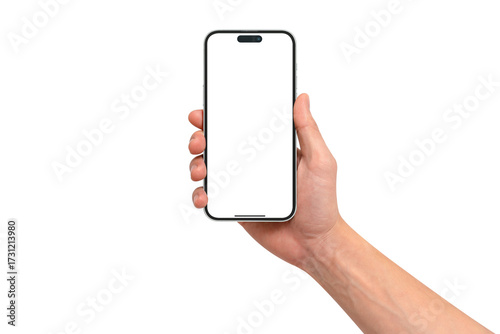 Hand showing smartphone with blank screen isolated on transparent PNG.
