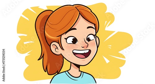 Smiling cartoon girl with red hair and ponytail on yellow background