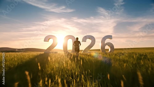 A silhouette of a person running towards 2026 on the sunrise grassland