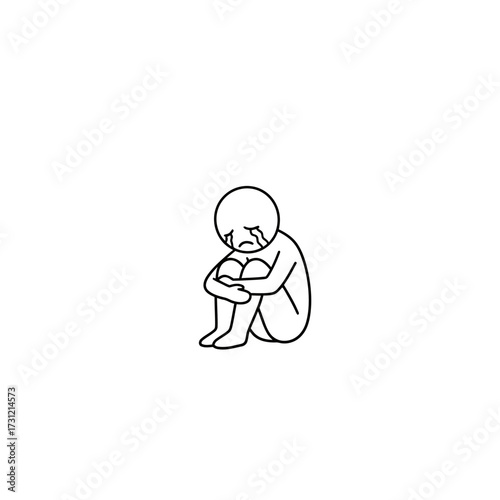 Stickman sitting hugging knees sad expression Vector doodle of a sad stickman character sitting and hugging knees in loneliness.