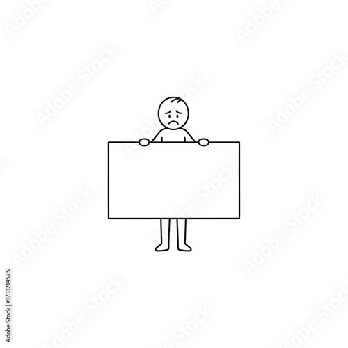 Stickman holding sign with sad expression Vector illustration of a sad stickman character holding a rectangular blank sign.