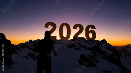 On the mountaintop of the snowy mountain, people run to welcome 2026