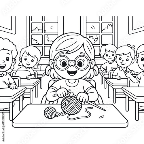A young girl knits yarn at her desk while other children observe in a classroom setting.