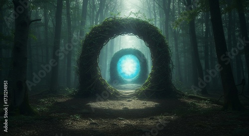 A spiral tree archway inside Hoia Baciu Forest, leading to a glowing unknown portal