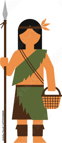 A simple, flat geometric vector illustration of a tribal or indigenous person (possibly a hunter or gatherer) holding a long spear and a woven basket. 