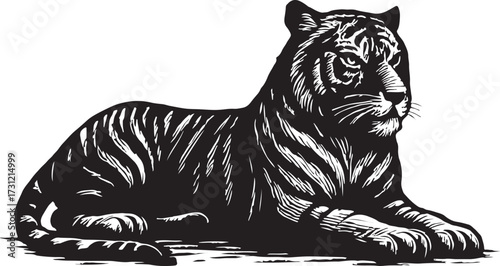Majestic black and white illustration of a powerful tiger resting peacefully on a textured surface in a detailed artistic style