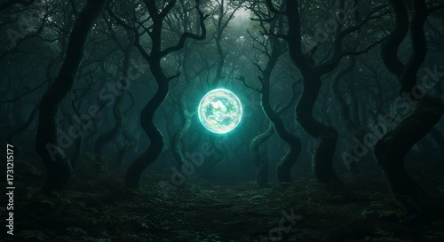 A strange glowing orb hovering in Hoia Baciu Forest, illuminating twisted tree trunks